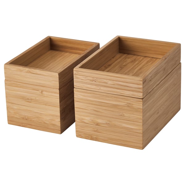 Two light brown bamboo wooden boxes, rectangular, with smooth surfaces and open tops.