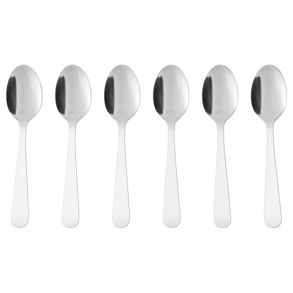 Six polished metal spoons, arranged neatly in a row, with smooth handles and rounded bowls, ideal for versatile use.