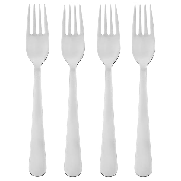 Four shiny chrome forks arranged neatly in a row. Simple, sleek design with smooth handles and four prongs each. Part of the DRAGON cutlery set.
