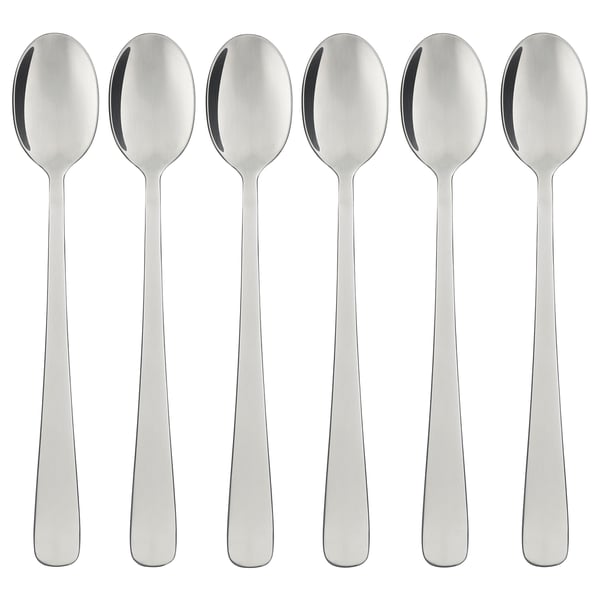 Six polished stainless steel spoons with evenly rounded bowls, lined neatly in a row; timeless and durable design.