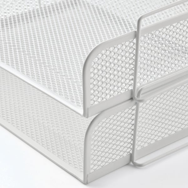 Stackable metal mesh letter trays with curved handles, one placed over the other.