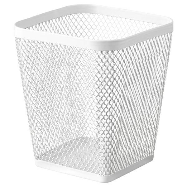 Depicts a white mesh metal storage container, square-shaped, with a diamond pattern design, suitable for holding small items.