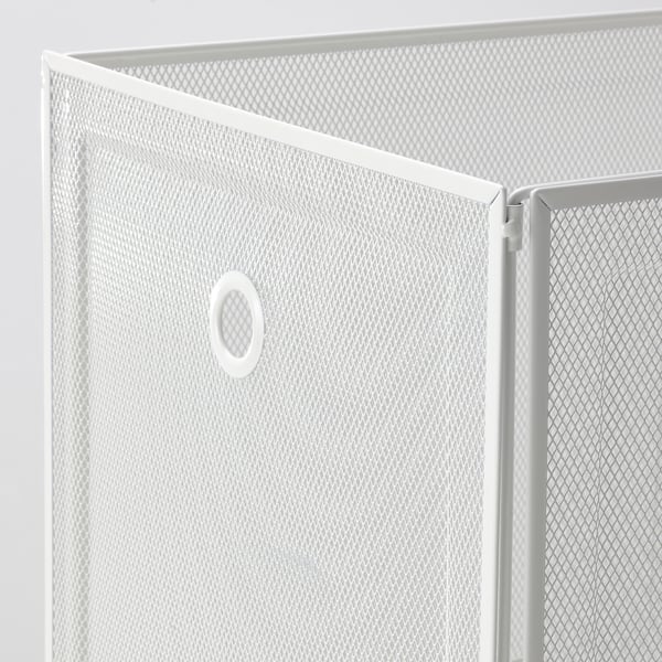Close-up of a white mesh storage box, showing its sturdy metal frame and handle.