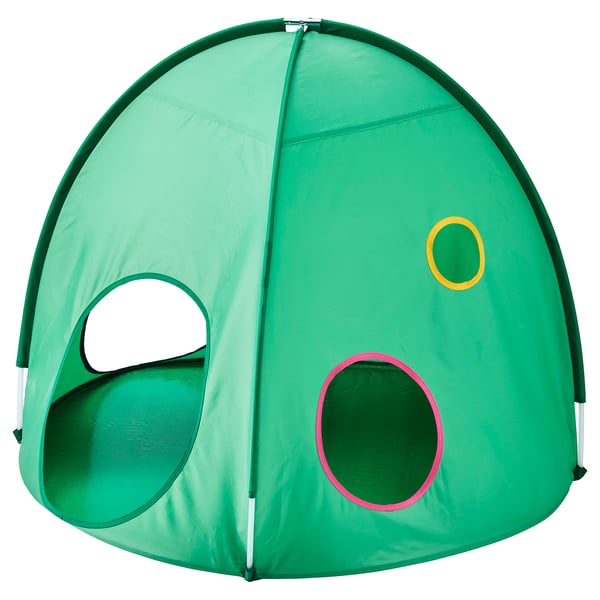 Green kids pop-up tent DVÄRGMÅS with mesh & round windows, easy setup.