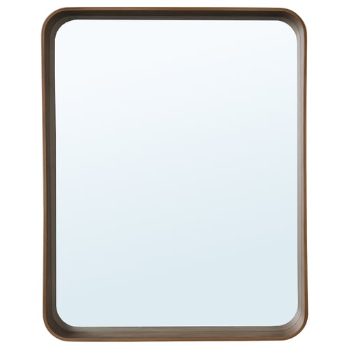 DVÄRGSYREN mirror: rectangular, warm walnut frame, sturdy glass centre, versatile design for bathrooms or living spaces.