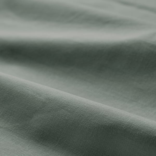 Close-up of smooth, high-quality cotton fabric in muted green, showcasing fine weave and soft texture.