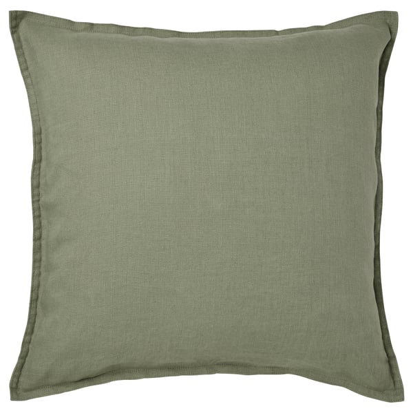 A square DYTÅG linen cushion in greenish-grey with a subtle texture. It has a neat, zippered edge design.