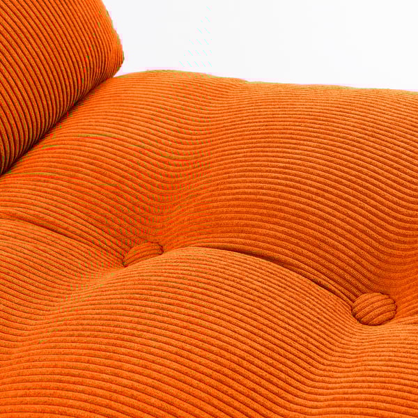 Bright orange, plush, textured fabric chair with a modern, curved design.