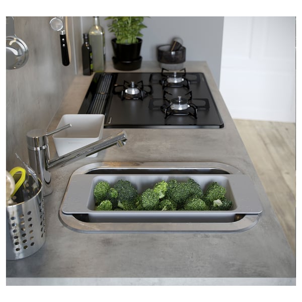 Modern kitchen with grey countertop, sink filled with broccoli, gas stove, and plants.