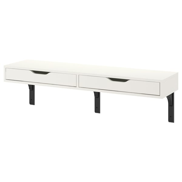 White wall-mounted desk with two drawers and black metal supports.