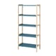Blue and beige metal and wood shelving unit with four levels of storage; sleek, modern design for versatile use.
