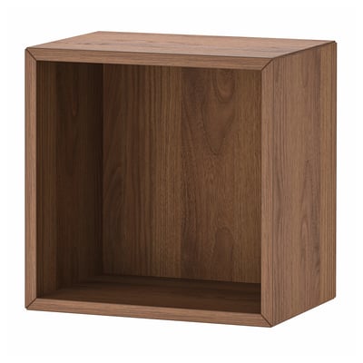 An EKET cube shelf in brown. Its a square-shaped wooden unit with open storage space, ideal for organising and displaying items.