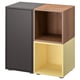 Ikea EKET storage unit, black, yellow, wood, open and closed shelves, modern design.