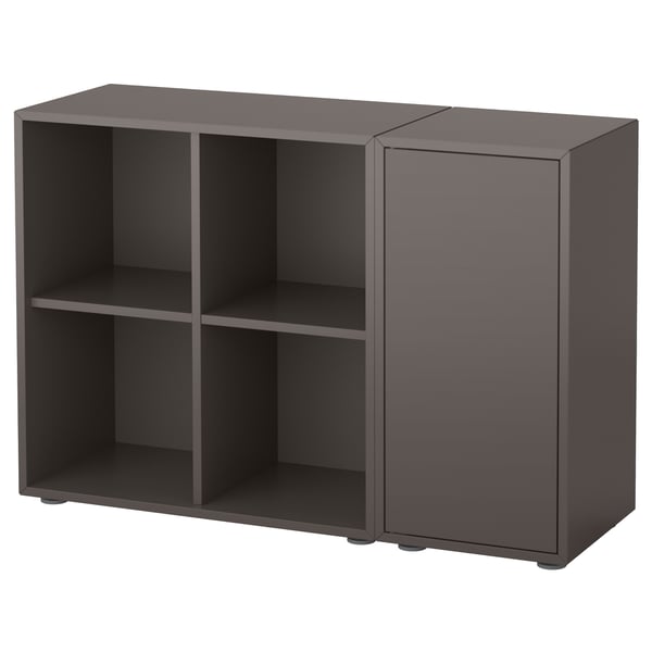 A gray EKET storage unit with open and closed compartments for versatile storage.
