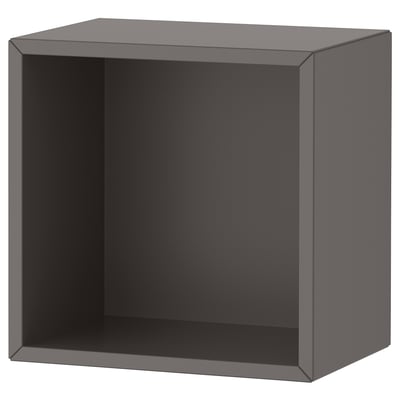 An EKET cube shelf, grey, square-shaped, with clean lines and a modern design, ready for wall or floor placement.