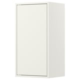 An ikea EKET white rectangular cabinet with a mirrored door.