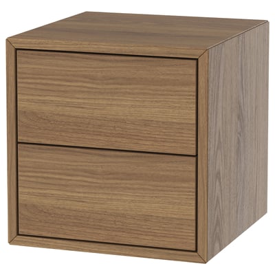 EKET wooden bedside table, light brown, square shape, two drawers, clean modern design.