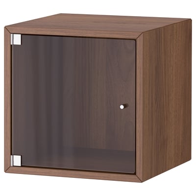 Brown wooden cube cabinet with glass door, sleek simple design.