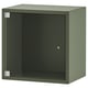Depicts an olive green EKET storage cabinet with a glass door. Its a square shape with a modern design, featuring clean lines and minimalistic style.
