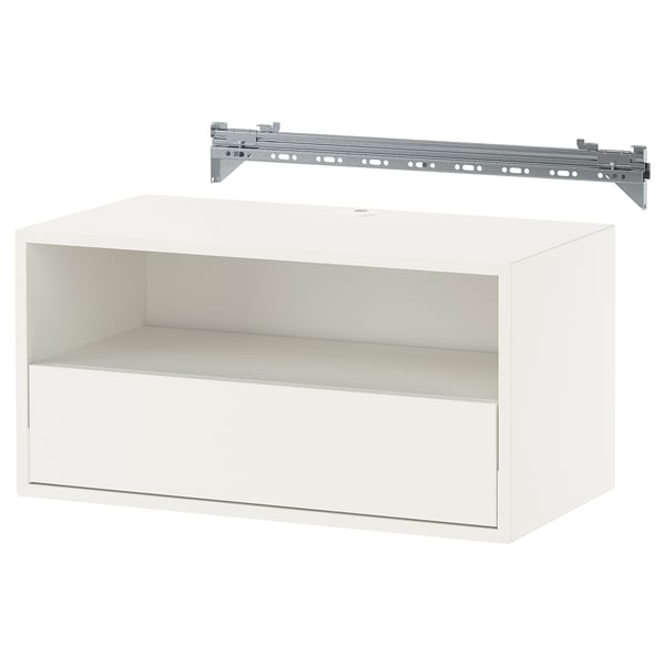 White EKET wall-mounted organiser; metal rail, flat top, open shelf; particleboard, steel.