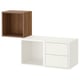 Two modern storage cubes: one brown, one white. Square shape, open style and drawers, mounted on wall.