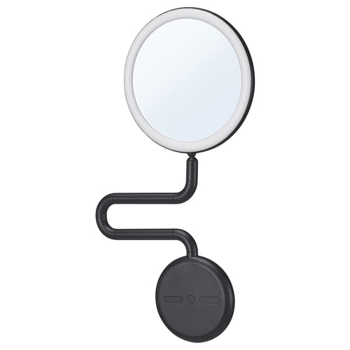 EKFÄNN magnifying mirror - black, curved, usb-c, adjustable light