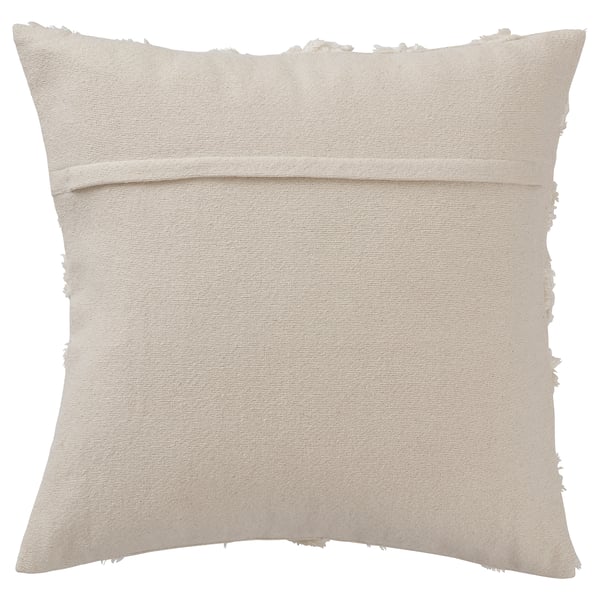 Square beige cushion, soft cotton, hidden zip, looped geometric pattern.