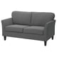 Modern grey two-seater sofa, soft textured fabric, wooden legs, elegant cushions.