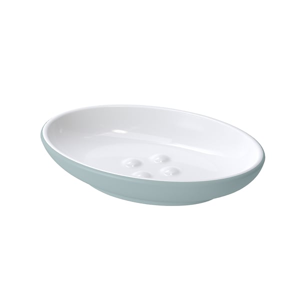 EKOLN white & light blue soap dish, simple, oval, ceramic with holes.