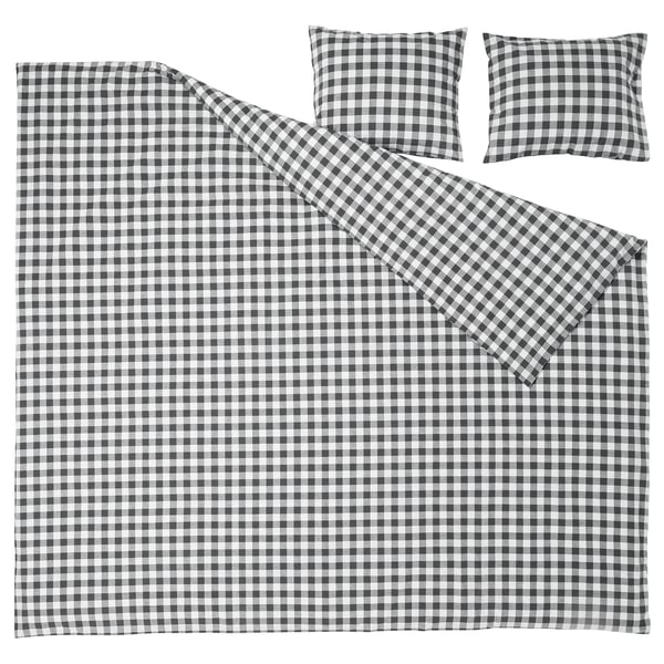 Black & white chequered bedding set: duvet and 2 pillows, cotton, recycled thread.