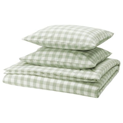 Pale green/white gingham bedding set: duvet, pillowcases, organic cotton, square pattern.