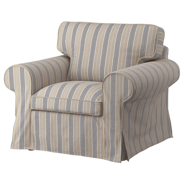Striped grey armchair, EKTORP, cotton and polyester, rolled arms, classic design.