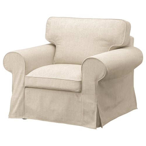 Espouse EKTORP armchair in beige kilanda fabric, featuring rolled arms, overstuffed back, and tailored skirt.