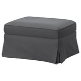 A grey EKTORP footstool with a square, padded top and ruffled sides, made of polyester.