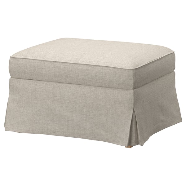 EKTORP footstool, beige, rectangular, with folds, made of recycled fabric.