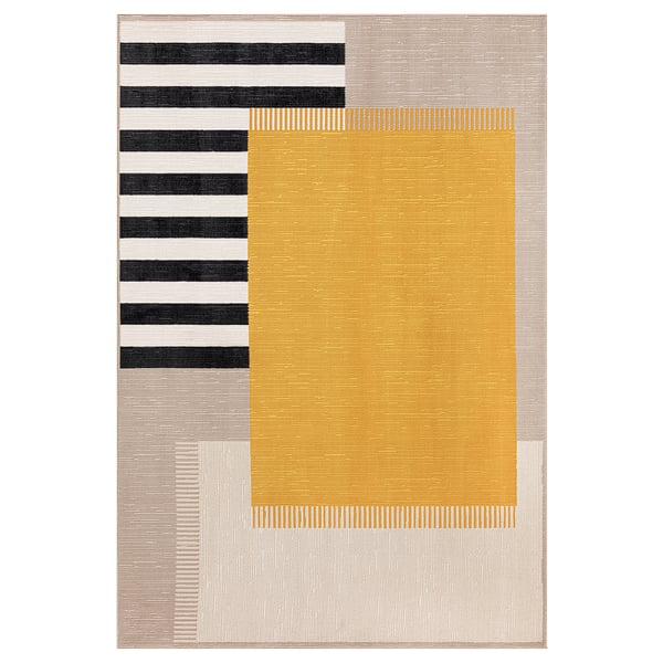 ELSYSTEM rug: black, beige, yellow squares and stripes, recycled polyester.