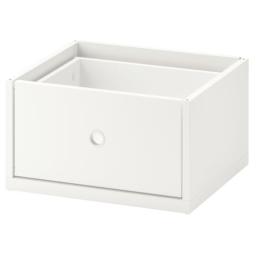 A white ELVARLI drawer, featuring clean lines and a minimalist design, perfect for organising items.