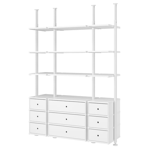 A white ELVARLI storage unit with shelves and drawers. Its adjustable, using aluminum posts, and has a modern, clean design.