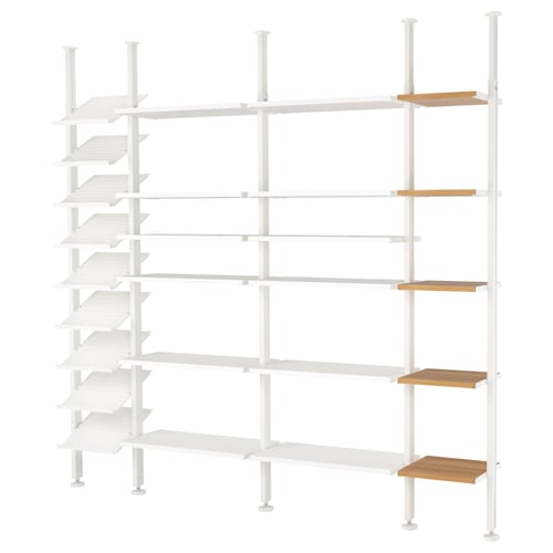 A white ELVARLI modular storage system with adjustable shelves and bamboo inserts. Its a tall, organised storage solution.