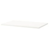 A white rectangular shelf, simple in design, and made from acrylic painted particle board.