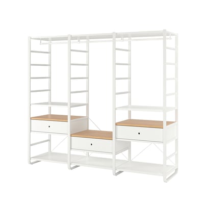 ELVARLI storage unit, white, metal and bamboo, modular, open shelves, drawers, wall-mountable.