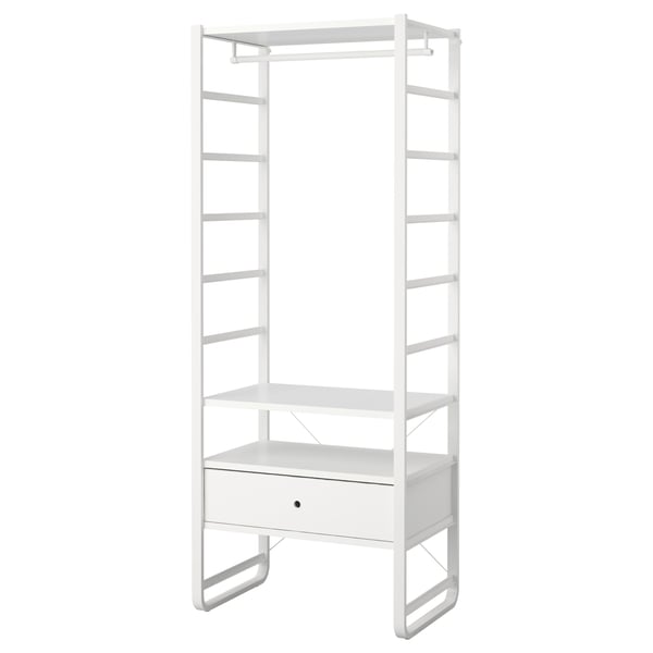 White ELVARLI storage unit with shelves and drawer, wall-mountable.