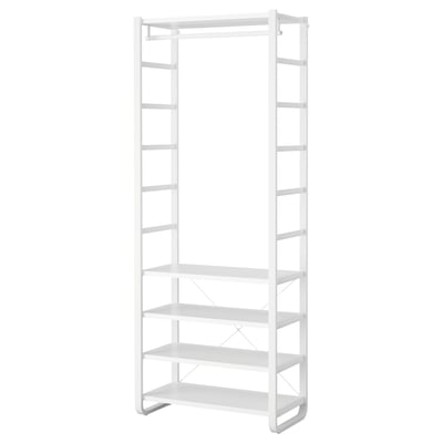 A white IKEA ELVARLI modular storage unit. It multiple shelves and a clothes rail, designed for adaptable organisation.