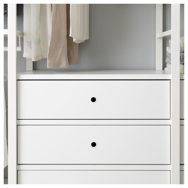White ELVARLI drawers and wall shelves, adjustable, dampened closure.