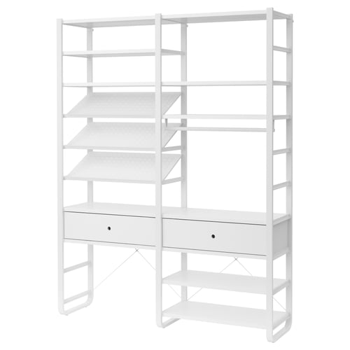 An ELVARLI white modular storage unit made of metal and particleboard with multiple shelves, drawers, and an open design.