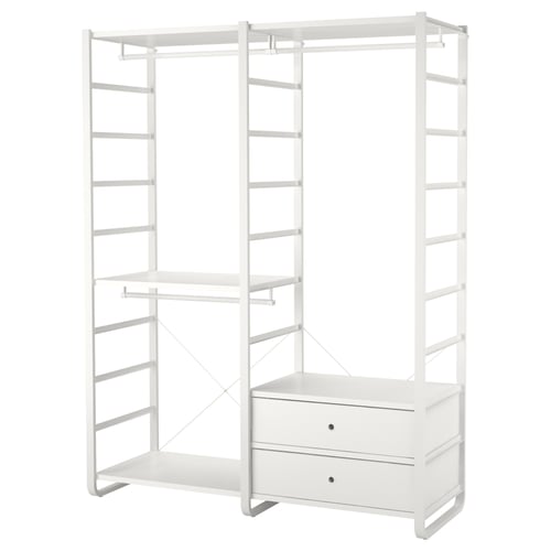White ELVARLI storage system: metal frame, wooden shelves, two drawers, customizable design.