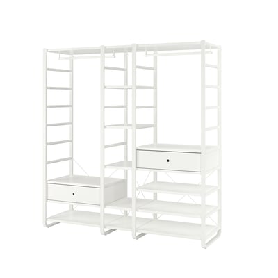 White ELVARLI storage system, featuring open shelves and drawers for versatile organising.