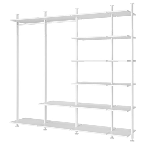 ELVARLI white modular storage unit, adjustable shelves and rail, wall or ceiling mount.