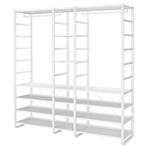 Displays the white ikea ELVARLI storage system, an adaptable shelving unit with multiple adjustable shelves, designed for versatile use.
