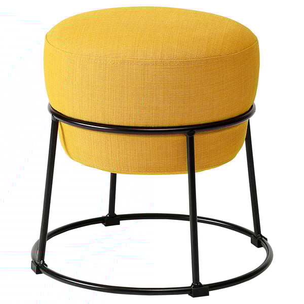 A yellow emmislov pouffe with a round, cushioned seat and black metal frame.